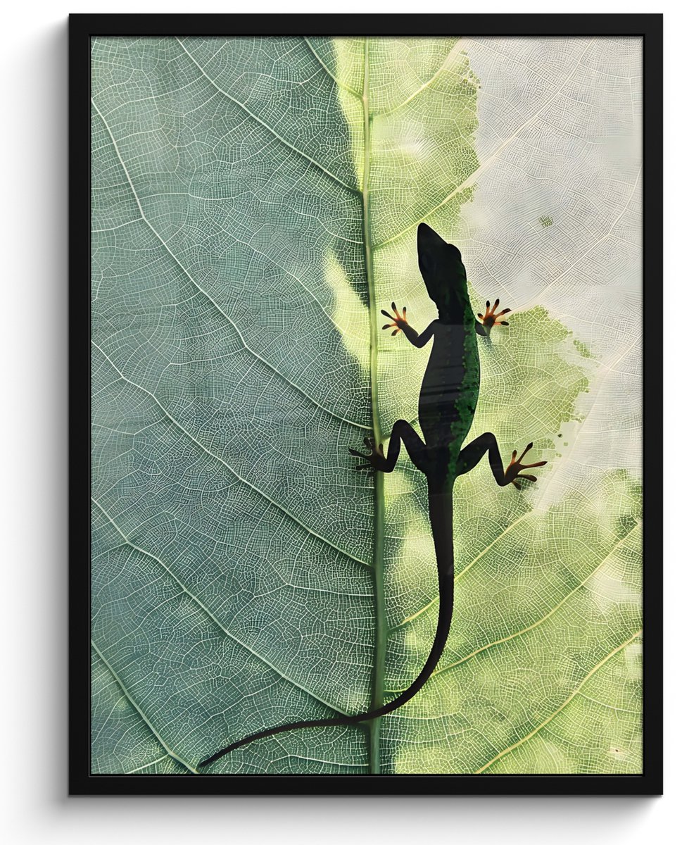 FrameYourWall Poster in lijst - Fotolijst 50x70 cm - Posters - Hagedis - Blad - Nerven - Groen - Posterlijst zwart - Decoratie - Wanddecoratie woonkamer - Muurdecoratie slaapkamer
