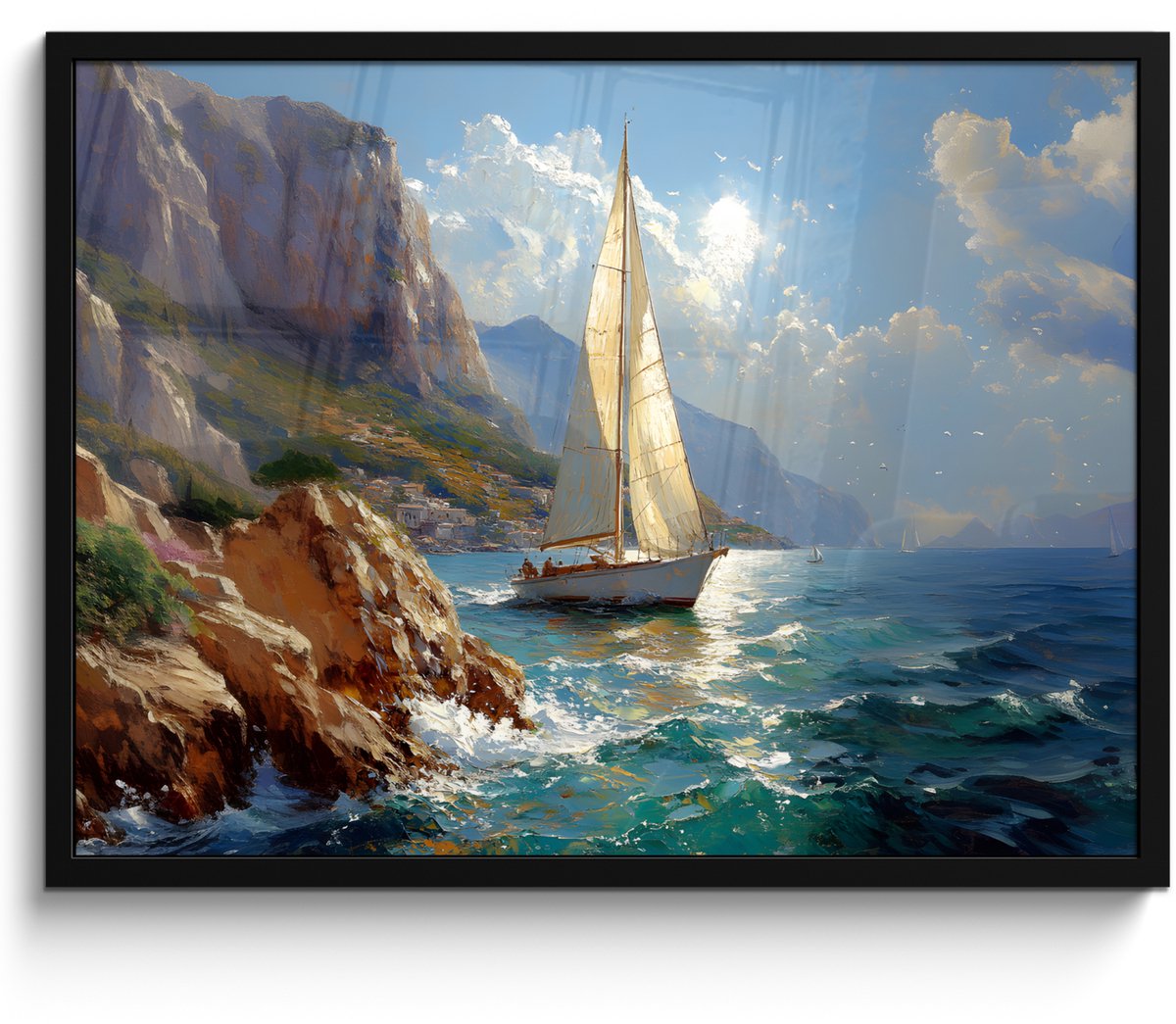 FrameYourWall Poster in lijst - Fotolijst 70x50 cm - Posters - Zeilschip - Zee - Rotsen - Wolken - Posterlijst zwart - Decoratie - Wanddecoratie woonkamer - Muurdecoratie slaapkamer Zeilschip - Rotsen - Zee