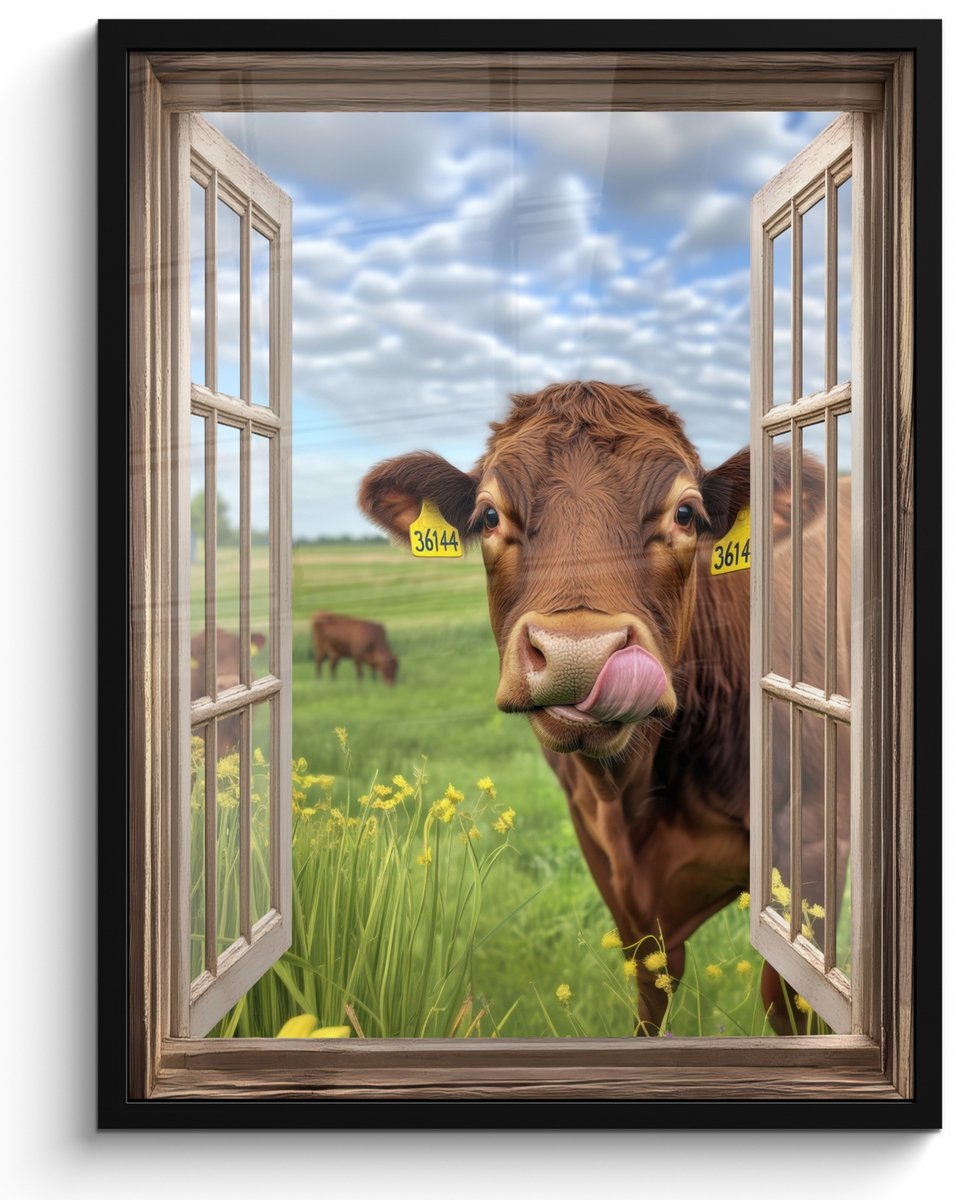 FrameYourWall Poster in lijst - Fotolijst 50x70 cm - Posters - Doorkijk - Koe - Weiland - Landschap - Dieren - Posterlijst zwart - Decoratie - Wanddecoratie woonkamer - Muurdecoratie slaapkamer Koe - Landschap