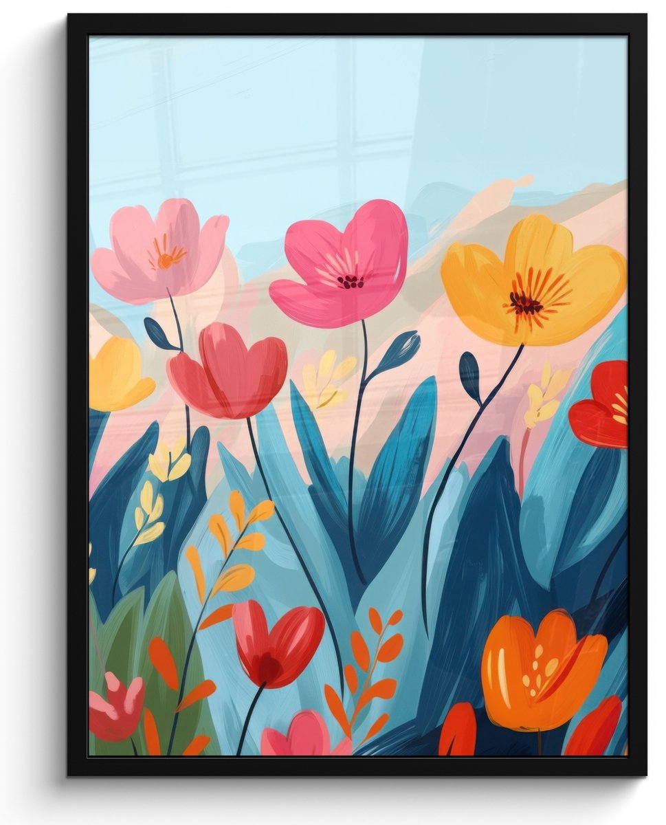 FrameYourWall Poster in lijst - Fotolijst 50x70 cm - Posters - Illustratie - Bloemen - Kleurrijk - Posterlijst zwart - Decoratie - Wanddecoratie woonkamer - Muurdecoratie slaapkamer