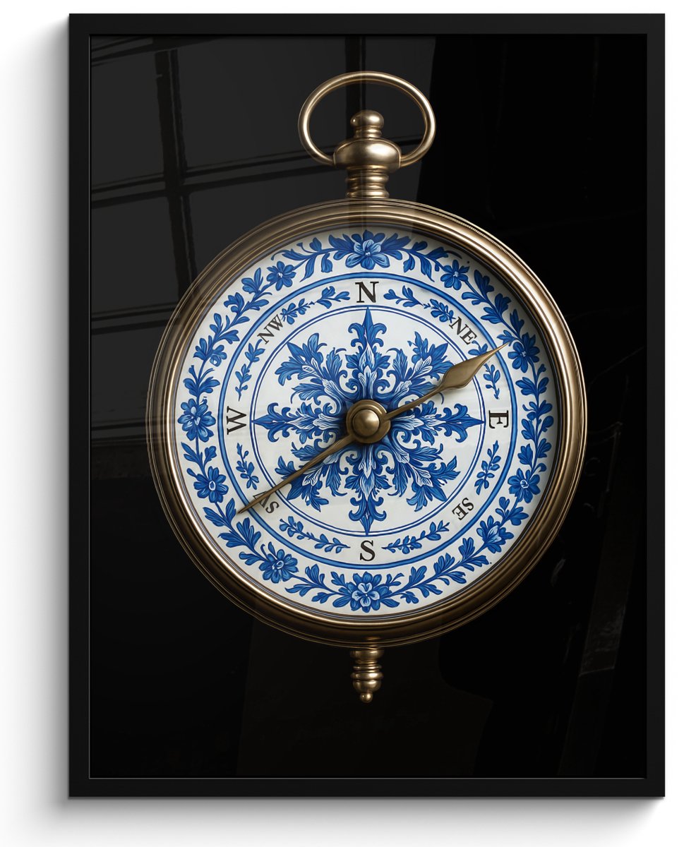FrameYourWall Poster in lijst - Fotolijst 50x70 cm - Posters - Kompas - Delfts blauw - Zwart - Posterlijst zwart - Decoratie - Wanddecoratie woonkamer - Muurdecoratie slaapkamer