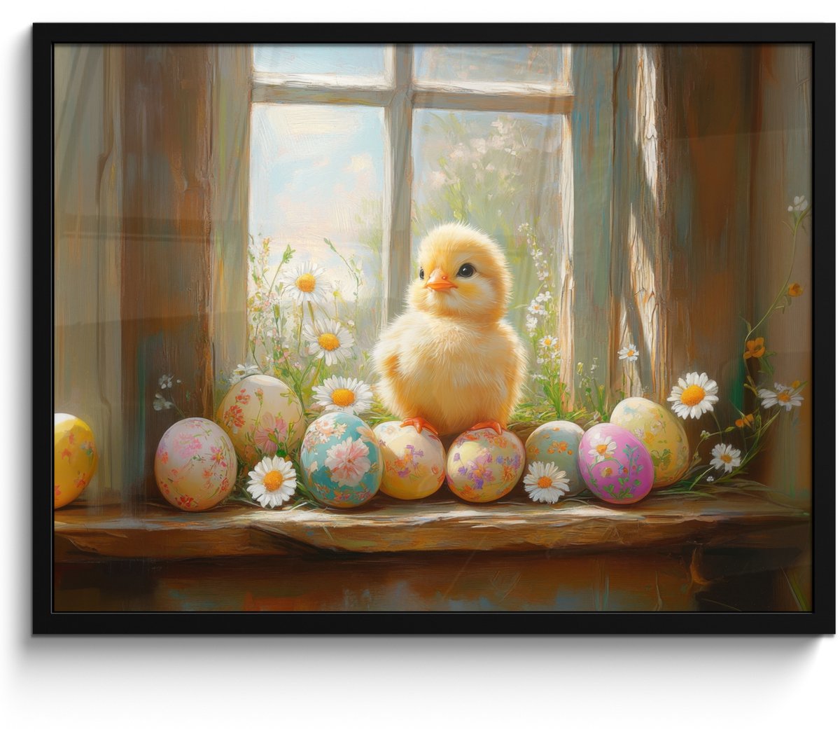 FrameYourWall Poster in lijst - Fotolijst 70x50 cm - Posters - Kuiken - Raam - Paaseieren - Posterlijst zwart - Decoratie - Wanddecoratie woonkamer - Muurdecoratie slaapkamer Kuiken - Pasen