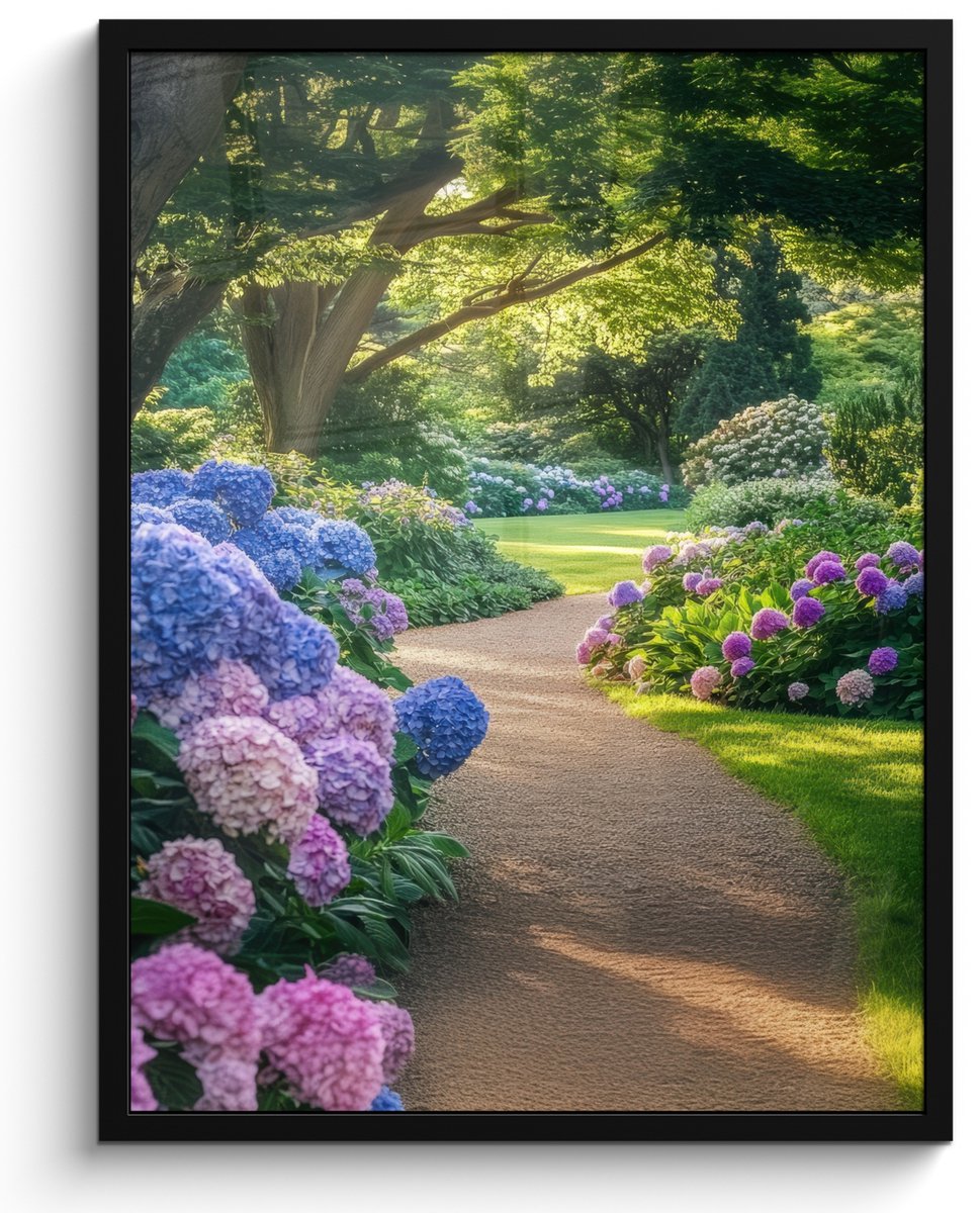 FrameYourWall Poster in lijst - Fotolijst 50x70 cm - Posters - Hortensia- Park - Pad - Posterlijst zwart - Decoratie - Wanddecoratie woonkamer - Muurdecoratie slaapkamer Hortensia - Tuin