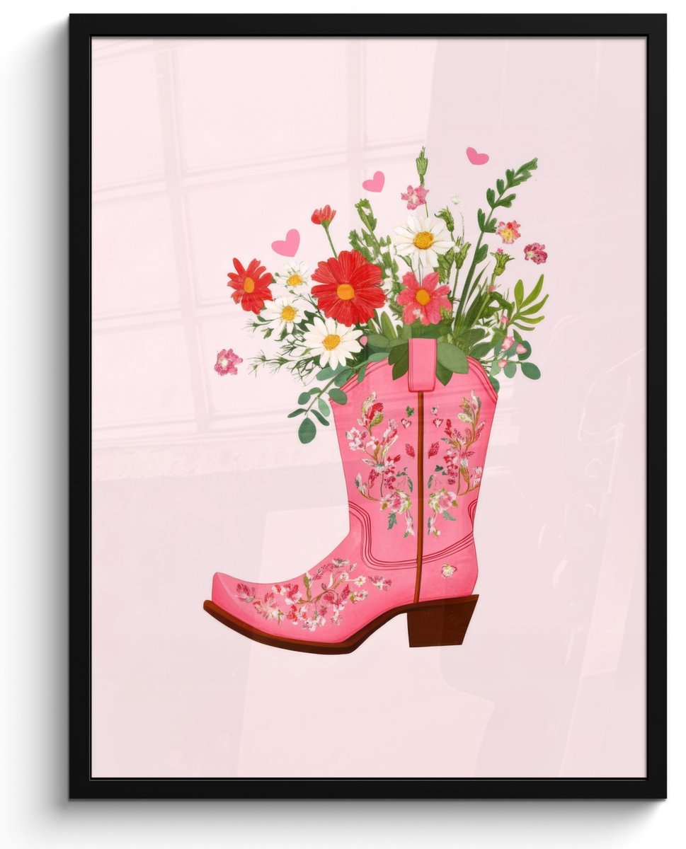 FrameYourWall Poster in lijst - Fotolijst 50x70 cm - Posters - Cowboylaarzen - Roze - Boeket - Bloemen - Posterlijst zwart - Decoratie - Wanddecoratie woonkamer - Muurdecoratie slaapkamer Cowboylaars - Bloemen