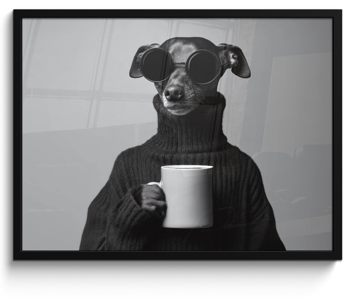 FrameYourWall Poster in lijst - Fotolijst 70x50 cm - Posters - Coltrui - Hond - Bril - Mok - Posterlijst zwart - Decoratie - Wanddecoratie woonkamer - Muurdecoratie slaapkamer Hond - Mok
