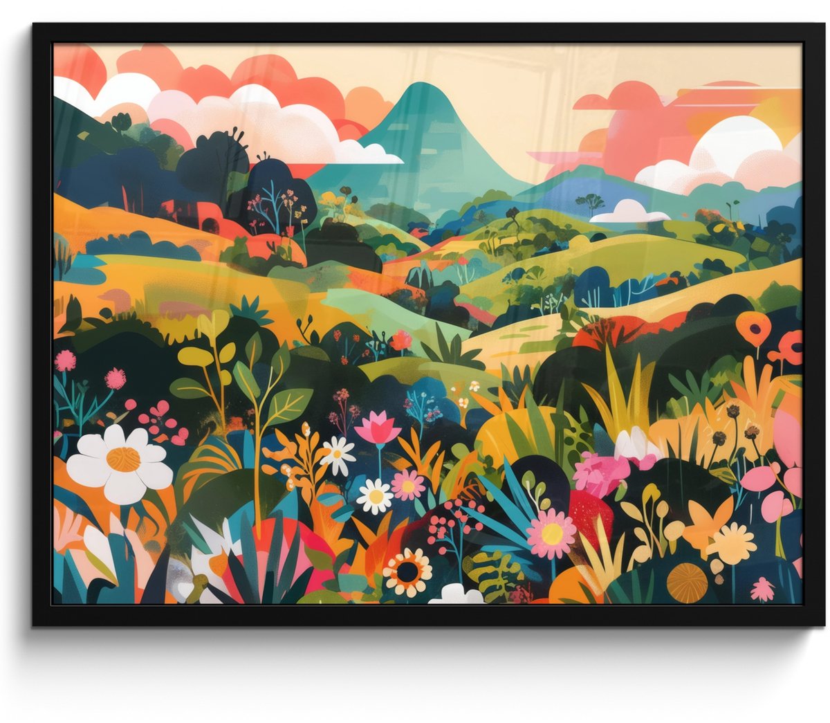 FrameYourWall Poster in lijst - Fotolijst 70x50 cm - Posters - Zonlicht - Heuvels - Wolkenlucht - Posterlijst zwart - Decoratie - Wanddecoratie woonkamer - Muurdecoratie slaapkamer Heuvels - Bloemen - Wolken