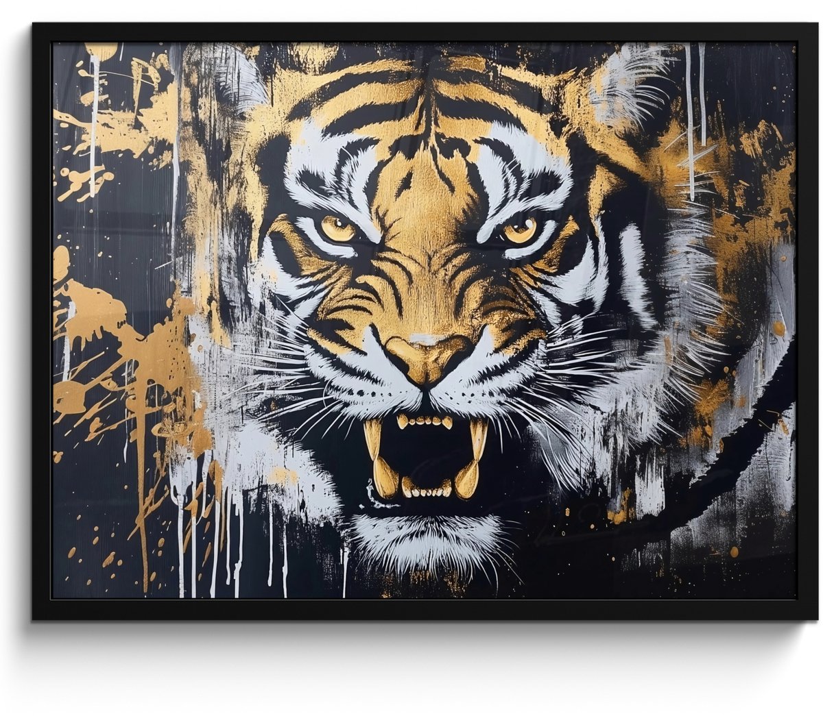 FrameYourWall Poster in lijst - Fotolijst 70x50 cm - Posters - Tijger - Verfspatten - Goud - Posterlijst zwart - Decoratie - Wanddecoratie woonkamer - Muurdecoratie slaapkamer