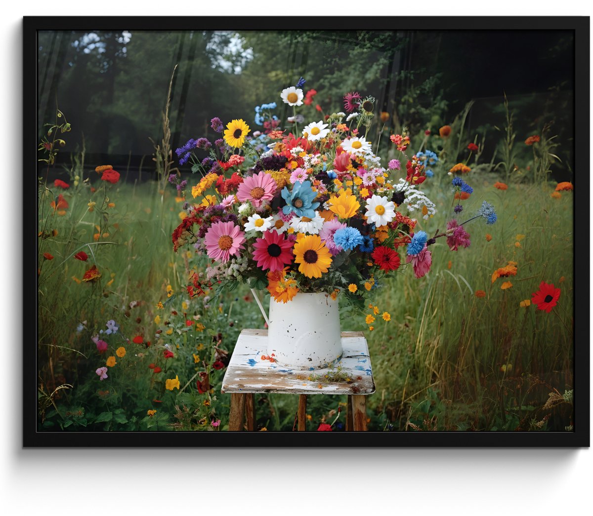 FrameYourWall Poster in lijst - Fotolijst 70x50 cm - Posters - Bloemen - Krukje - Gieter - Veld - Posterlijst zwart - Decoratie - Wanddecoratie woonkamer - Muurdecoratie slaapkamer Bloemen - Krukje - Veld