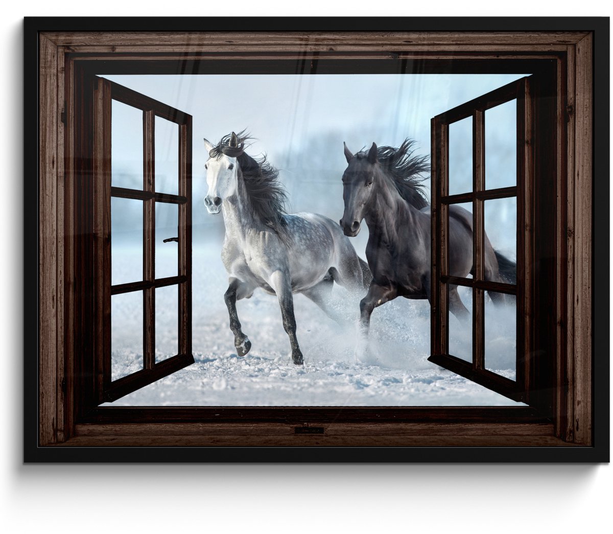FrameYourWall Poster in lijst - Fotolijst 70x50 cm - Posters - Paarden - Winter - Dieren - Natuur - Doorkijk - Posterlijst zwart - Decoratie - Wanddecoratie woonkamer - Muurdecoratie slaapkamer