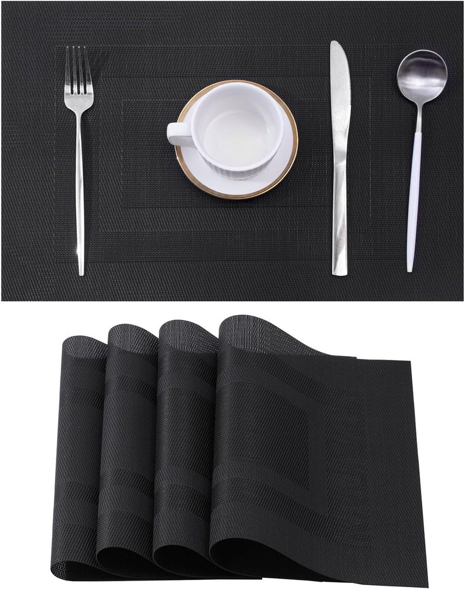 Placemats met zwart frame, set van 4 - hittebestendig, antislip, wasbaar