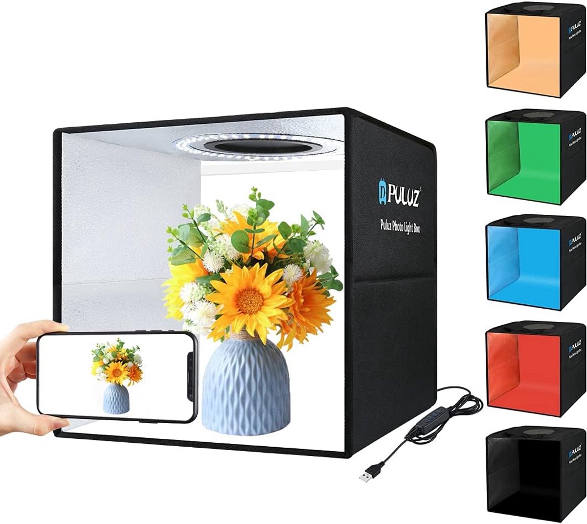 Draagbare Fotostudio Lichtbak 30x30cm met Dimbare LED Verlichting en 6 Achtergronden