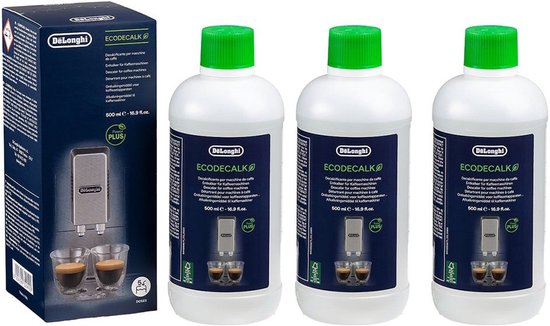Een pak en drie flessen De'Longhi EcoDecalk ontkalker.