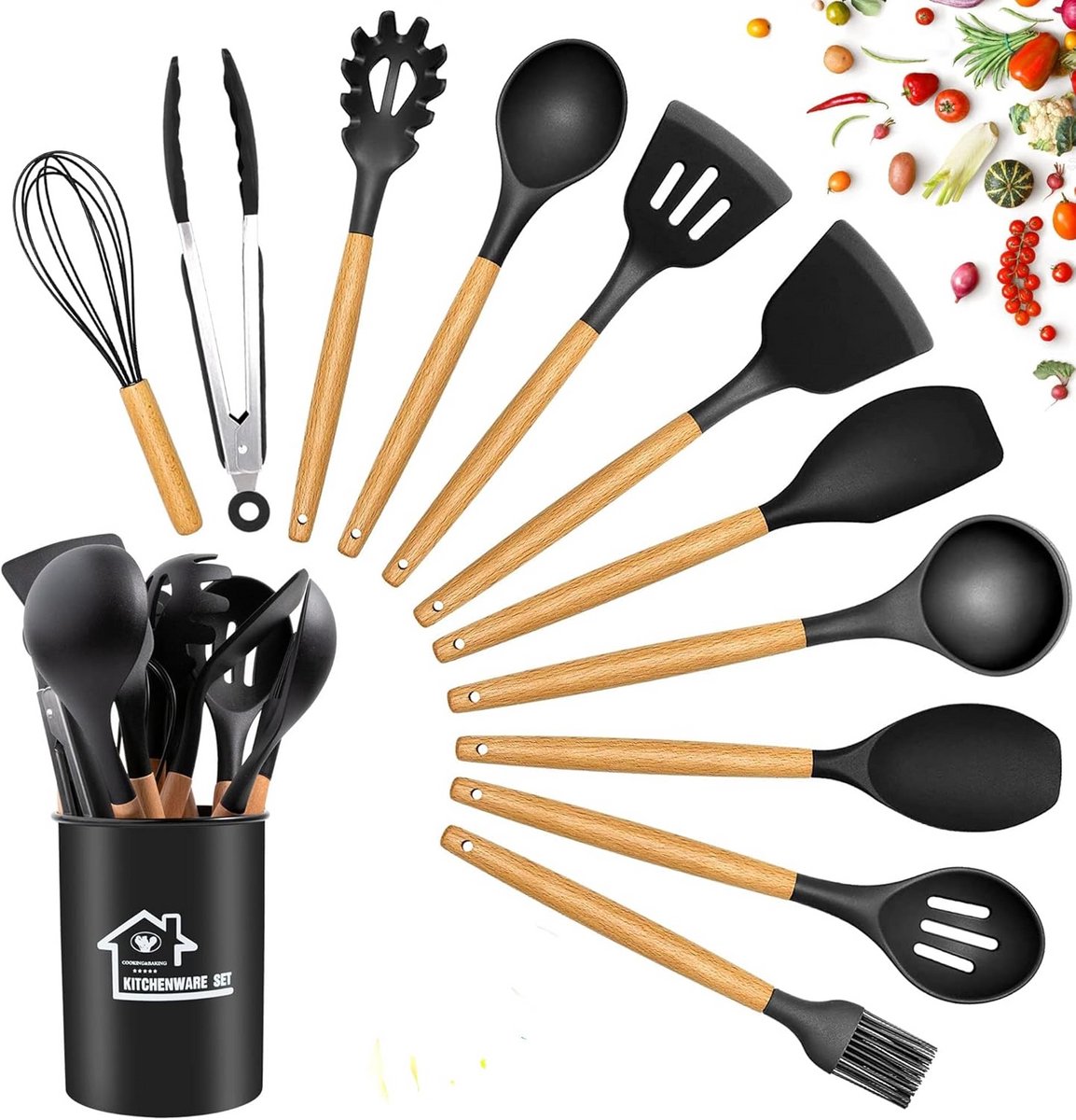 Complete Set Keukengerei van Siliconen met Houten Handvat - 12 Delen