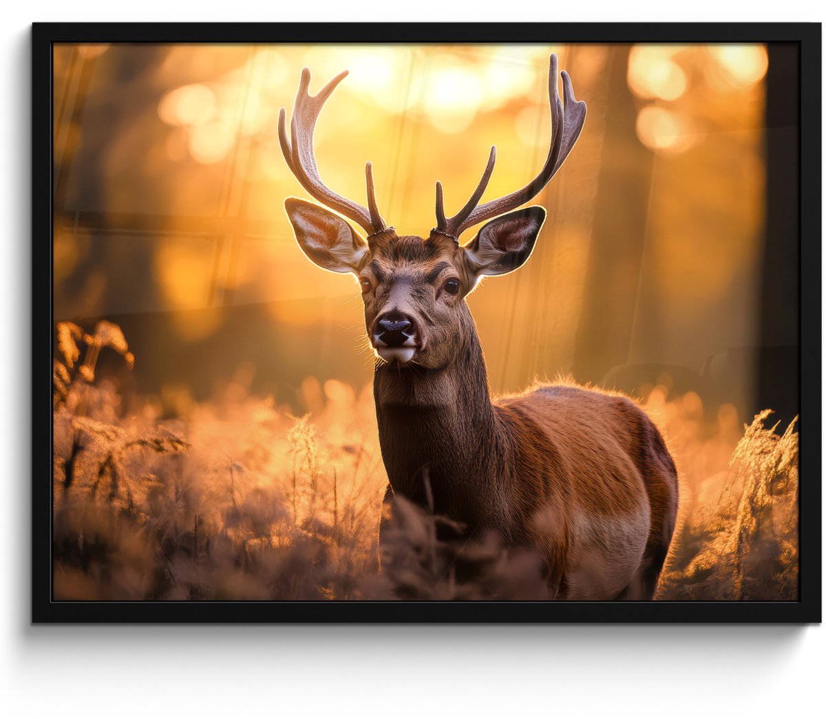 FrameYourWall Poster in lijst - Fotolijst 70x50 cm - Posters - Hert - Gewei - Herfst - Bos - Bruin - Natuur - Bosdieren - Posterlijst zwart - Decoratie - Wanddecoratie woonkamer - Muurdecoratie slaapkamer