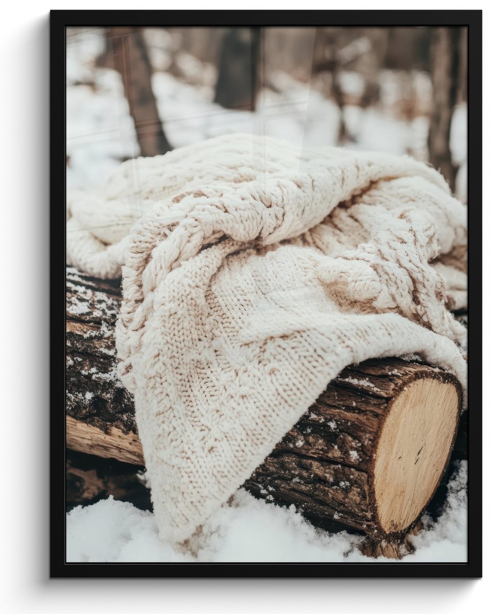 FrameYourWall Poster in lijst - Fotolijst 50x70 cm - Posters - Deken - Wit - Boomstronk - Winter - Sneeuw - Posterlijst zwart - Decoratie - Wanddecoratie woonkamer - Muurdecoratie slaapkamer