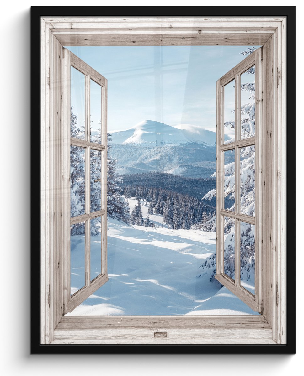 FrameYourWall Poster in lijst - Fotolijst 50x70 cm - Posters - Doorkijk - Winter - Landschap - Natuur - Berg - Bomen - Wit - Posterlijst zwart - Decoratie - Wanddecoratie woonkamer - Muurdecoratie slaapkamer