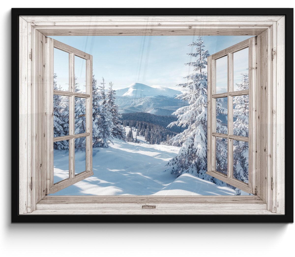 FrameYourWall Poster in lijst - Fotolijst 70x50 cm - Posters - Doorkijk - Winter - Landschap - Natuur - Berg - Bomen - Wit - Posterlijst zwart - Decoratie - Wanddecoratie woonkamer - Muurdecoratie slaapkamer