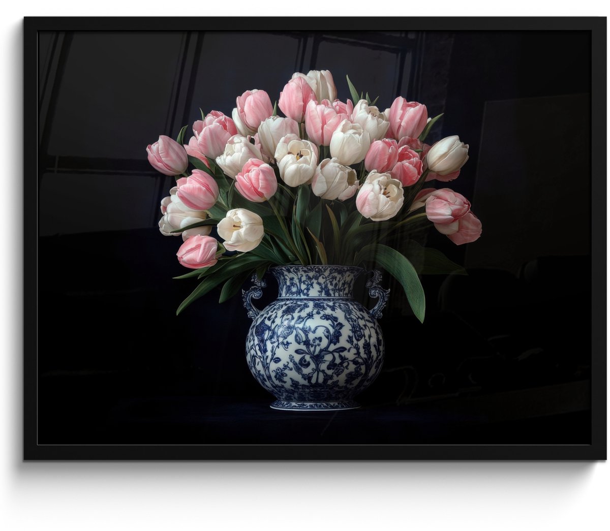 FrameYourWall Poster in lijst - Fotolijst 70x50 cm - Posters - Bloemen - Roze - Tulpen - Vaas - Posterlijst zwart - Decoratie - Wanddecoratie woonkamer - Muurdecoratie slaapkamer Tulpen - Roze