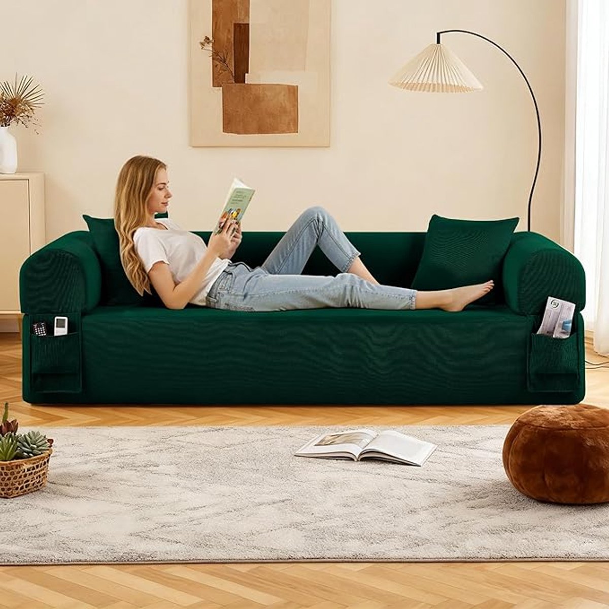 3-Zits Modulaire Slaapbank 210 x 75 x 60 cm – Frameloos Corduroy Design met 2 Kussens & 2 Poufs – Geen Montage – Groen – Luxe Comfort Sofa Bed – Abkantoor