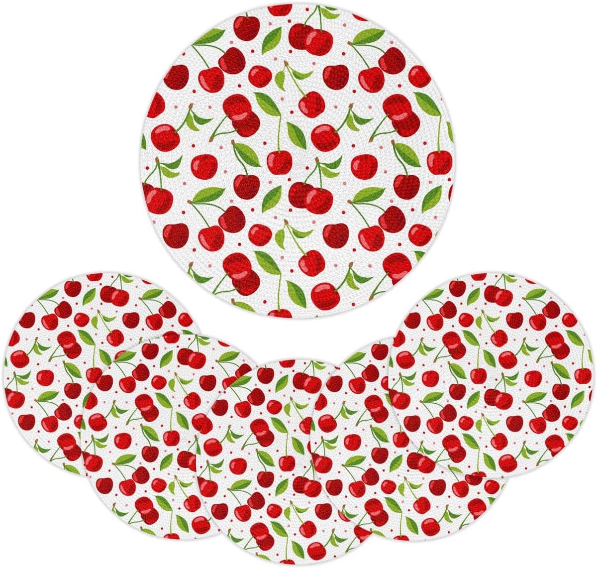 Set van 6 ronde gevlochten placemats met kersenprint, hittebestendig en wasbaar