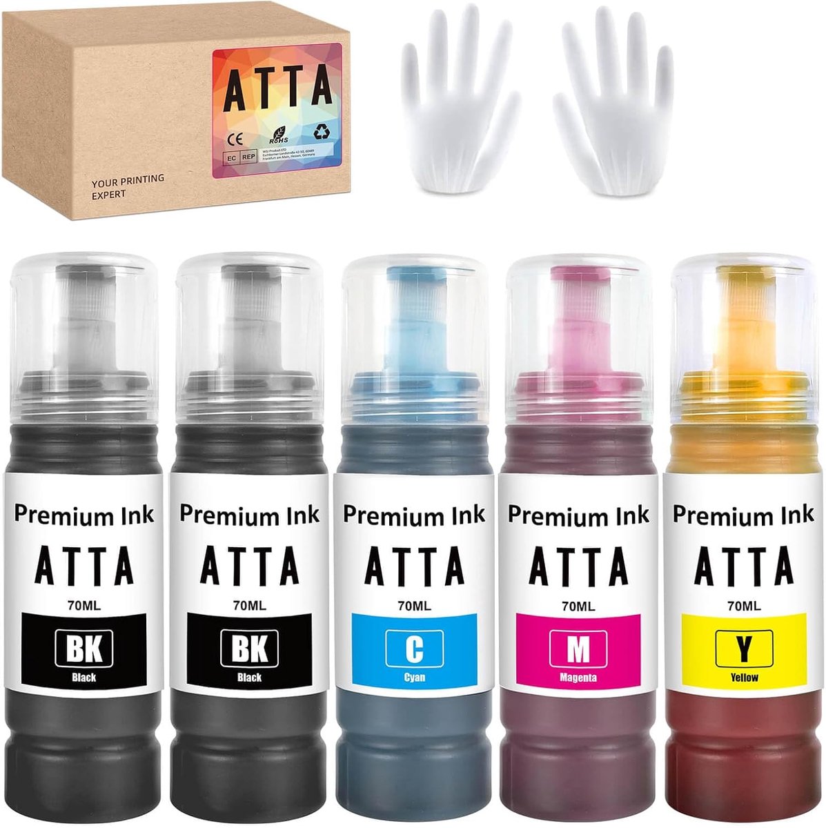 Printer Inkt Navulling - Inktflessen Set - Kleurrijk Printen - Veegvast Vervagingsbestendig - 5 Stuks - Zwart Cyaan Magenta Geel