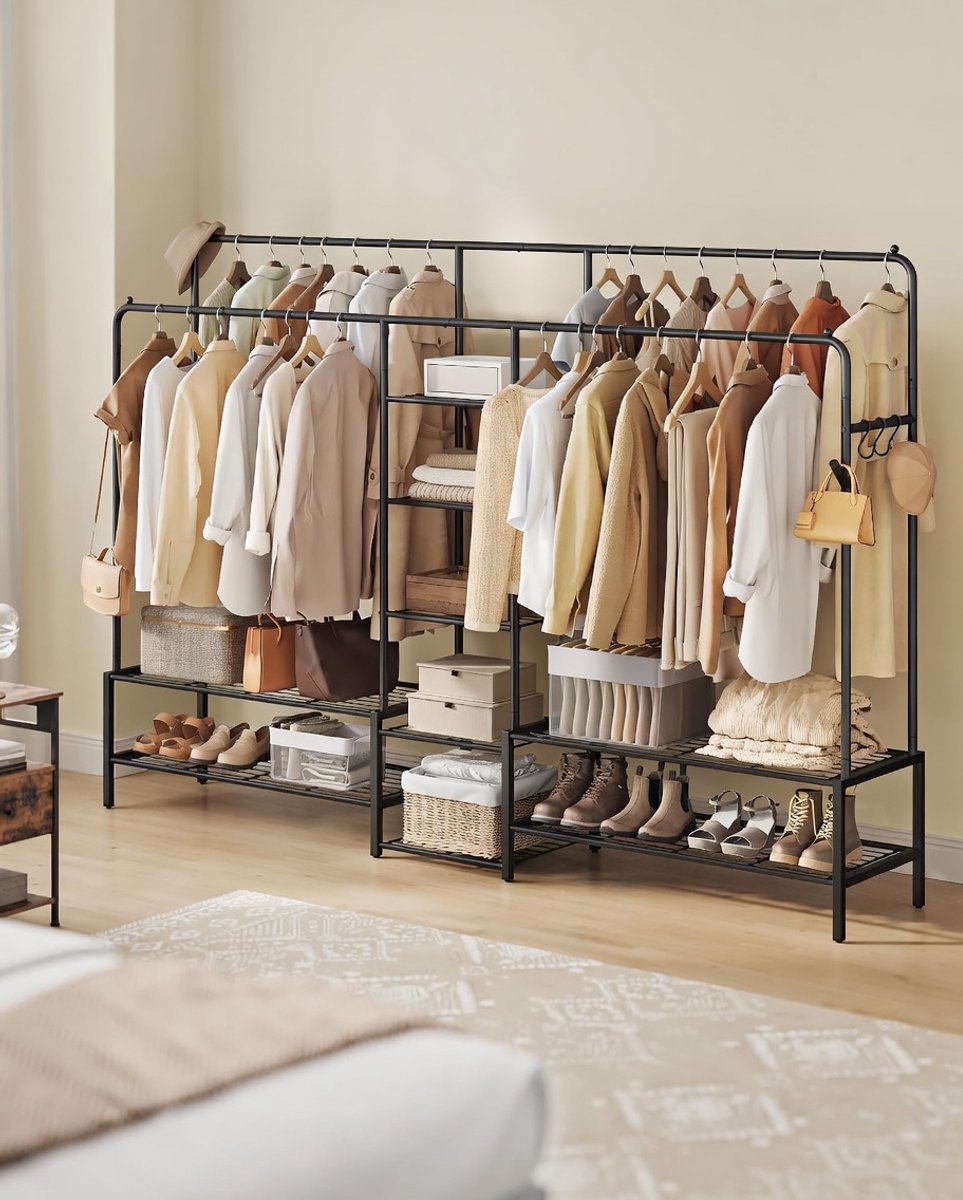 Luxe Open Kledingkast & Kledingrek met 9 Planken, Metalen Frame en Kledingstang – Multifunctionele Garderobe voor Slaapkamer, Woonkamer, Entree – Zwart, Hoogwaardig Staal, Ruimtebesparend en Robuust novihome