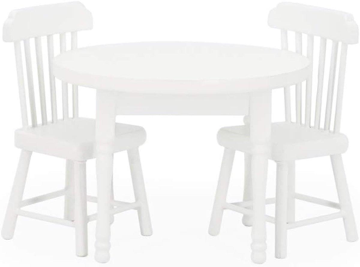 Miniature Tafel en Stoelen - Poppenhuis Meubels - Decoratie Poppenhuis - Houten Constructie - 1/12 Schaal - Wit