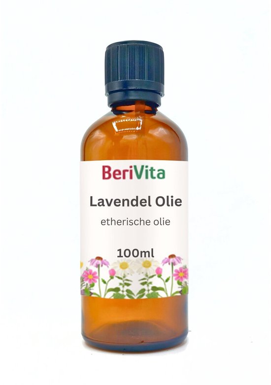 Berivita Lavendelolie 100ml, amberkleurige fles met zwarte dop, versierd met bloemen.