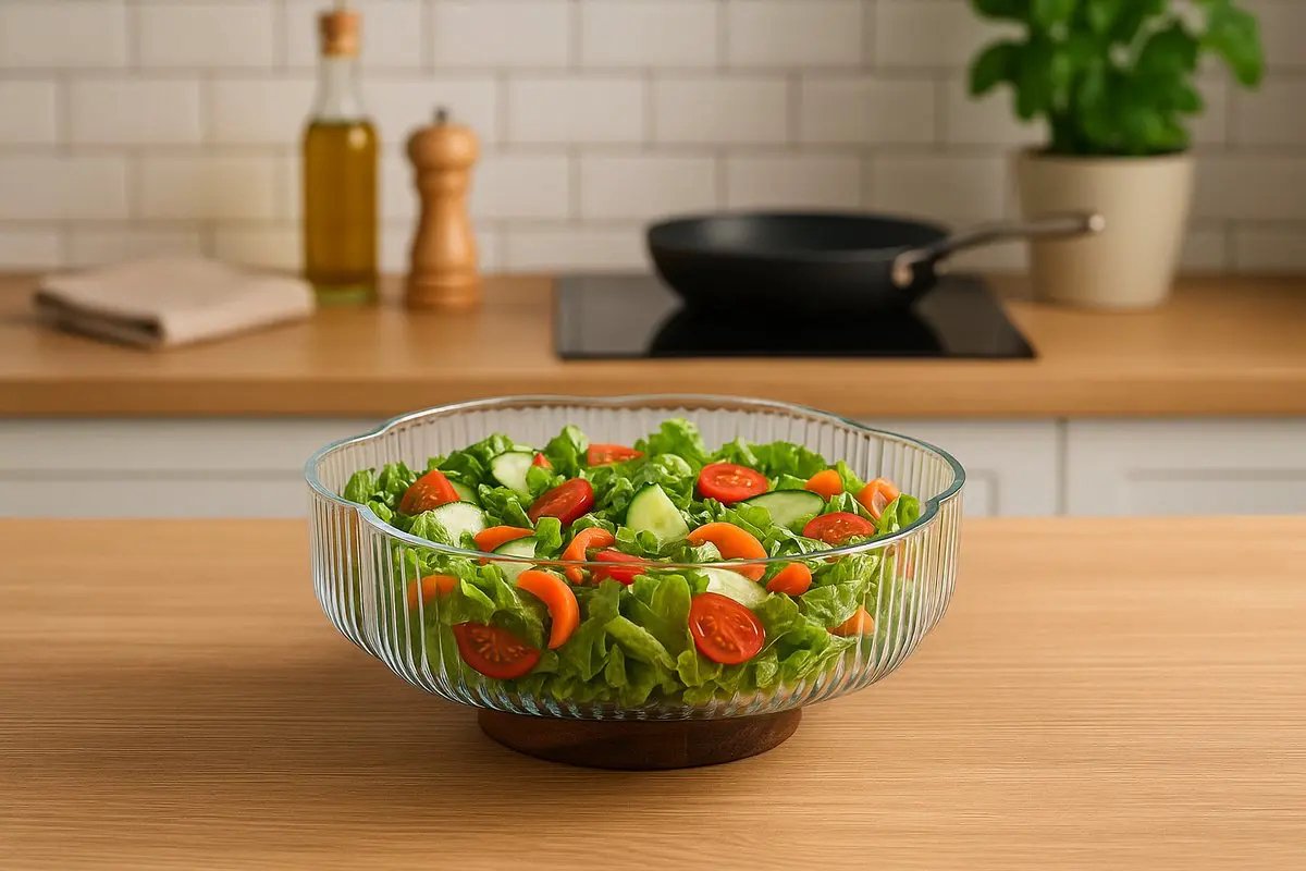 Fruitschaal – saladeschaal – geribbeld glas – Ø26 cm, 2,7L – bloemvormige rand