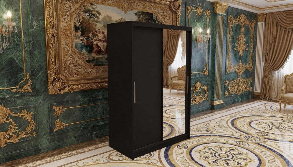 Kledingkast Casa Velluto Milano Black – Schuifdeurkast met Spiegel en Kledingstang – 100x200x58 cm – Zwarte Garderobekast met 4 Planken – Moderne Slaapkamerkast met Schuifdeuren