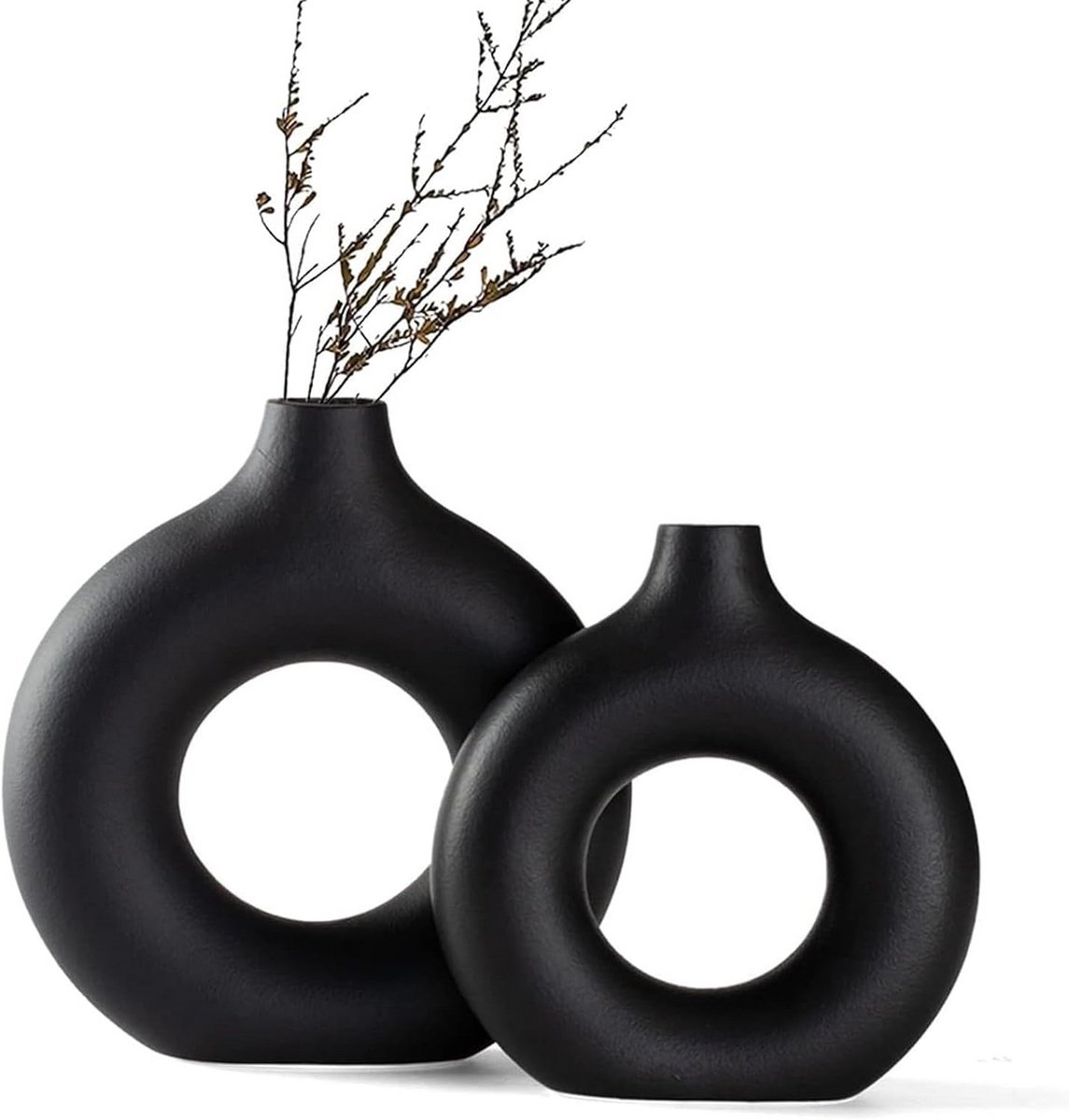 Set van 2 Zwarte Keramische Donut Vazen – Grote Ronde Holle Bloemenvaas voor Pampasgras & Decoratie