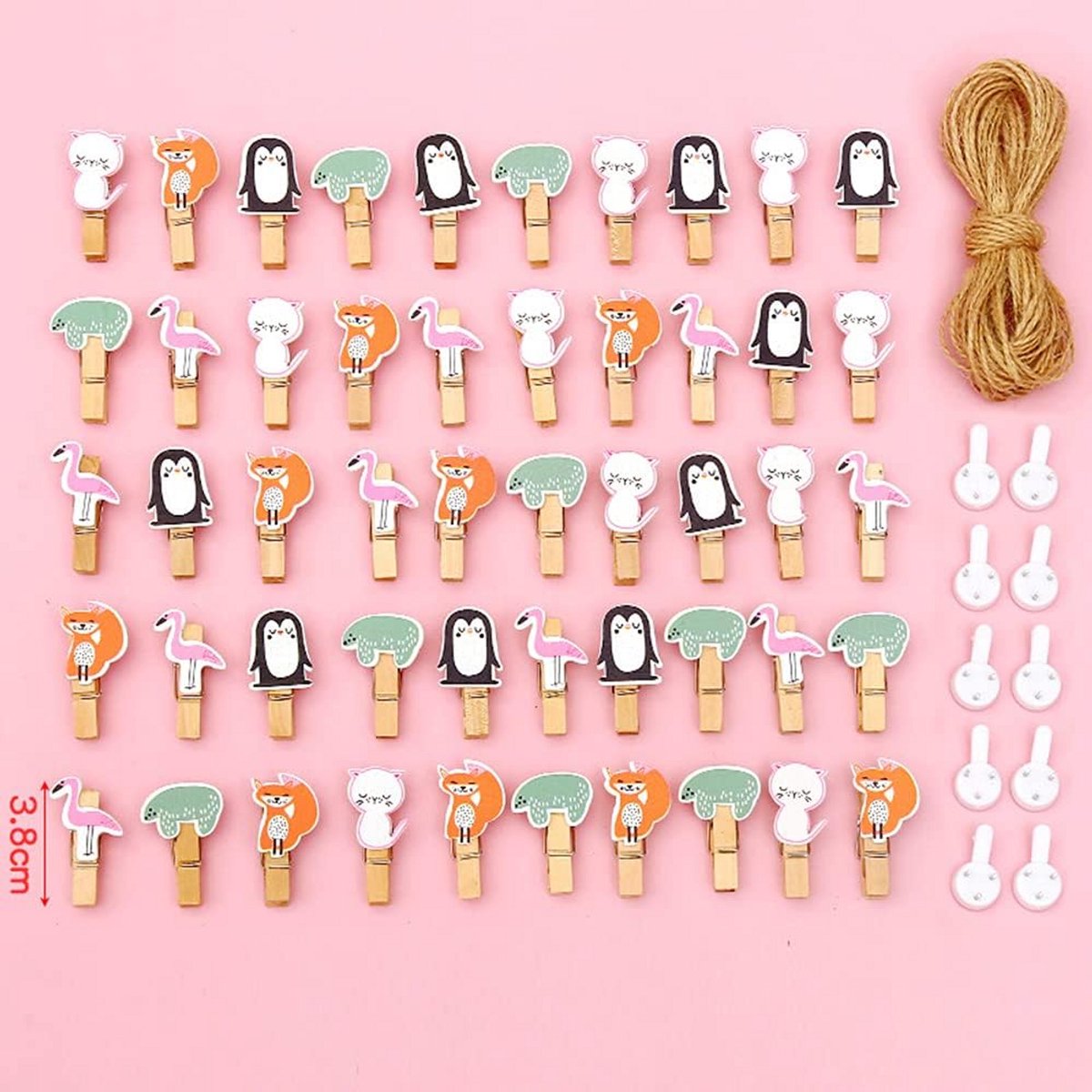50 Mini Houten Knijpers met 10m Jute Touw - Decoratieve Clips voor Foto's en Knutselen