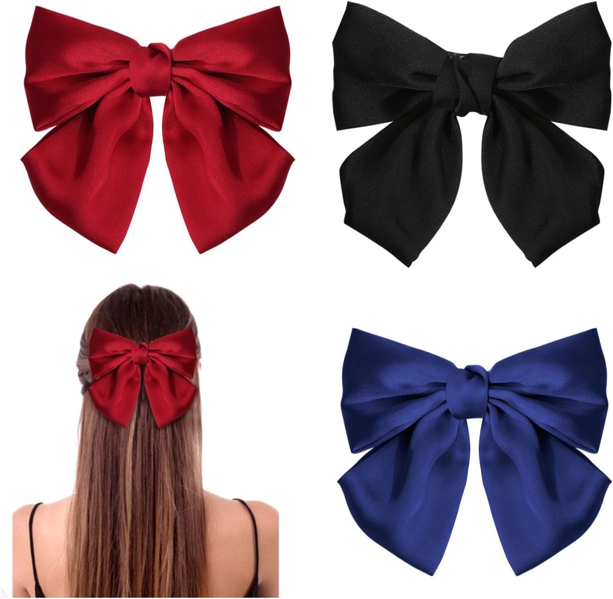 Set van 3 Grote Haarstrikken met Clips - Zacht Satijn in Zwart, Rood en Blauw