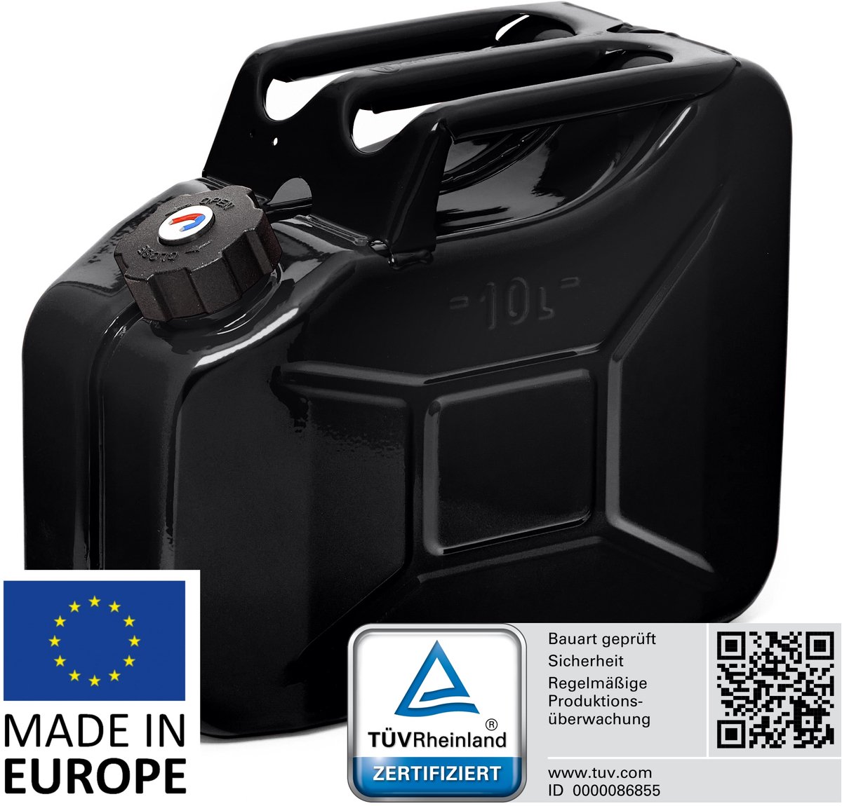 BW® Fuel Canister Metalen Benzineblik - Jerrycan 10 liter met schroefdop - Zwart - TÜV-getest en UN-goedgekeurd - Gemaakt in Europa