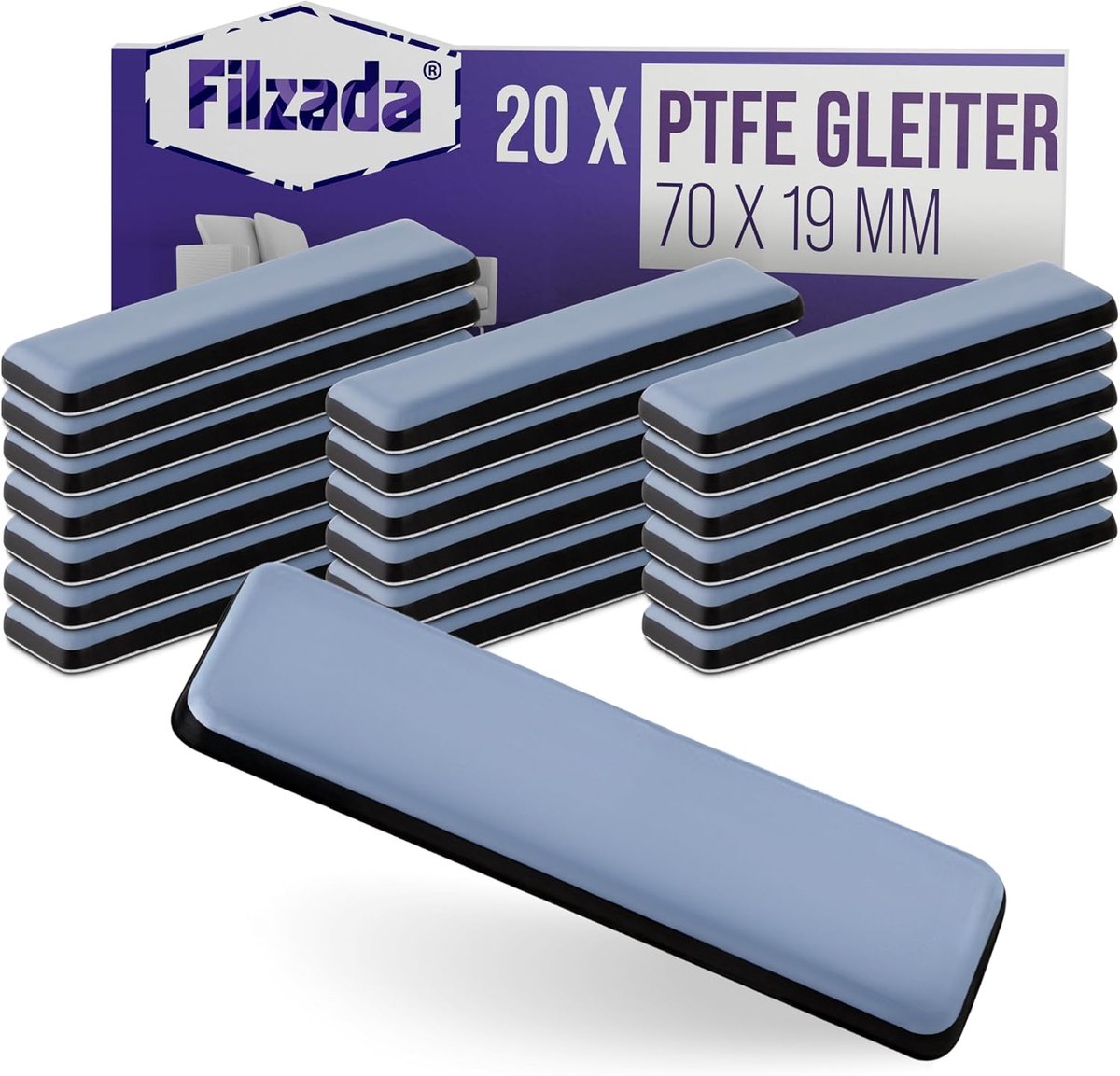 20x Zelfklevende Teflonschuivers Vierkant 70x19mm - Professionele Meubelglijders PTFE
