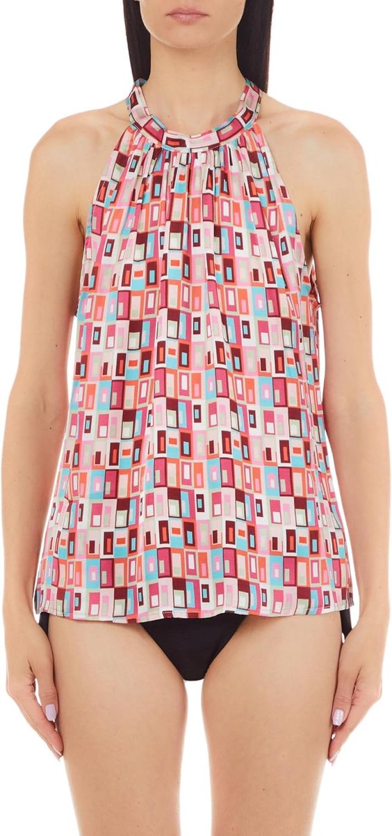 Dames T-shirt - Top met print - Casual outfit - Geometric all-over print - Maat M - Donkerroze