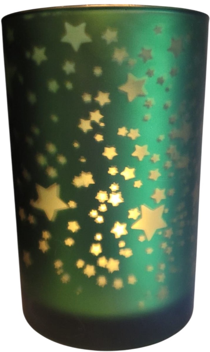 Windlicht sterrenhemel XL - groen doorschijnend - 12x12x18 cm - glas mat waxinelichtje houder sfeer verlichting -rechtse windlicht