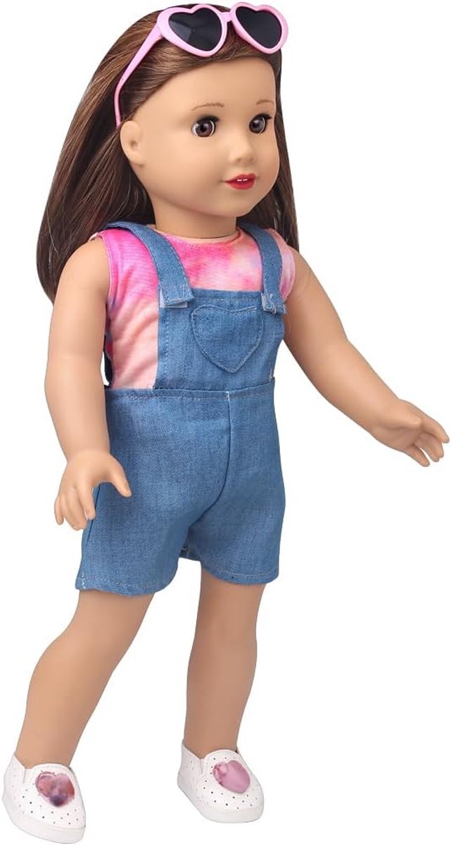 Poppenkleding Set - Zomerkleding Jurkjes - Poppen Aankleden - Stijlvolle Overalls - 18 Inch Poppen - Denim Blauw van Merkloos — afbeelding 3