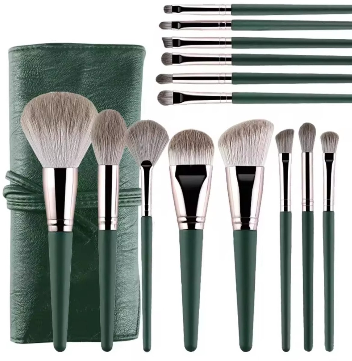 Make up Kwasten - 14-Delige Professionele Make-up Kwasten Set - o.a. Foundation Blending Kwast - Highlighter Kwast - Blush Contour Kwast - Oogschaduw Blending Kwast - Poederkwast - Groen - (Zonder Opbergetui)