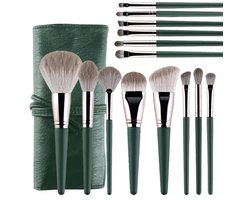 Make up Kwasten - 14-Delige Professionele Make-up Kwasten Set - o.a. Foundation Blending Kwast - Highlighter Kwast - Blush Contour Kwast - Oogschaduw Blending Kwast - Poederkwast - Groen - (Zonder Opbergetui)