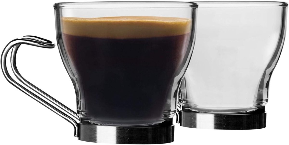 Espresso Mokken Set van 6 met Metalen Handvat, 100 ml, Gehard Glas