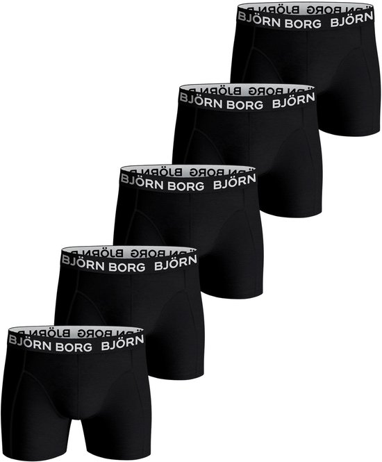 Vijf zwarte Björn Borg boxershorts voor heren met witte Björn Borg logo's op de elastische tailleband.