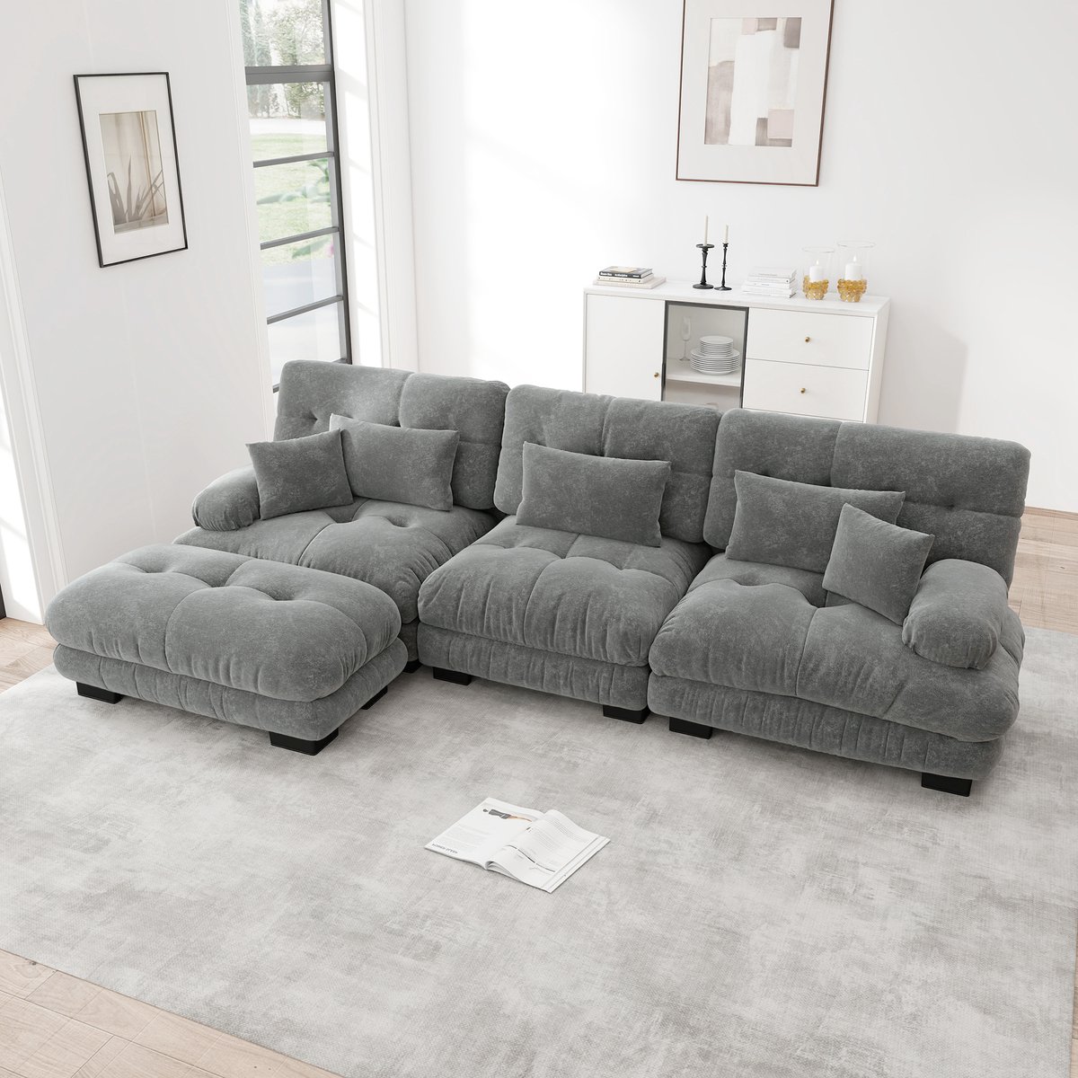HAUSS SPOLE Hoekbank Modulair Met Ottoman - Diepe Zit Cloud Comfort - Voor Woonkamer En Kantoor - Chenille Grijs