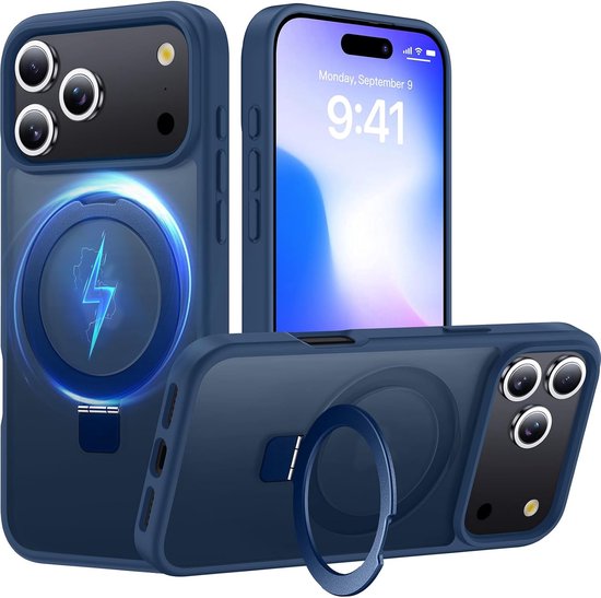 Drie weergaven van een blauw hoesje voor iPhone met magneetstandaard, camera-uitsparing en "Apple" logo.
