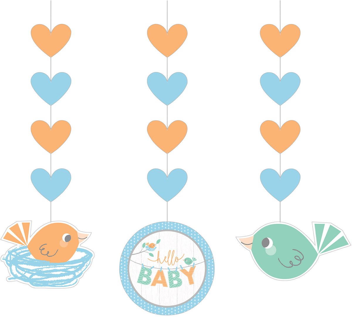 CREATIVE PARTY - 3 blauwe hello baby papieren hangdecoraties 91 cm voor babyborrel