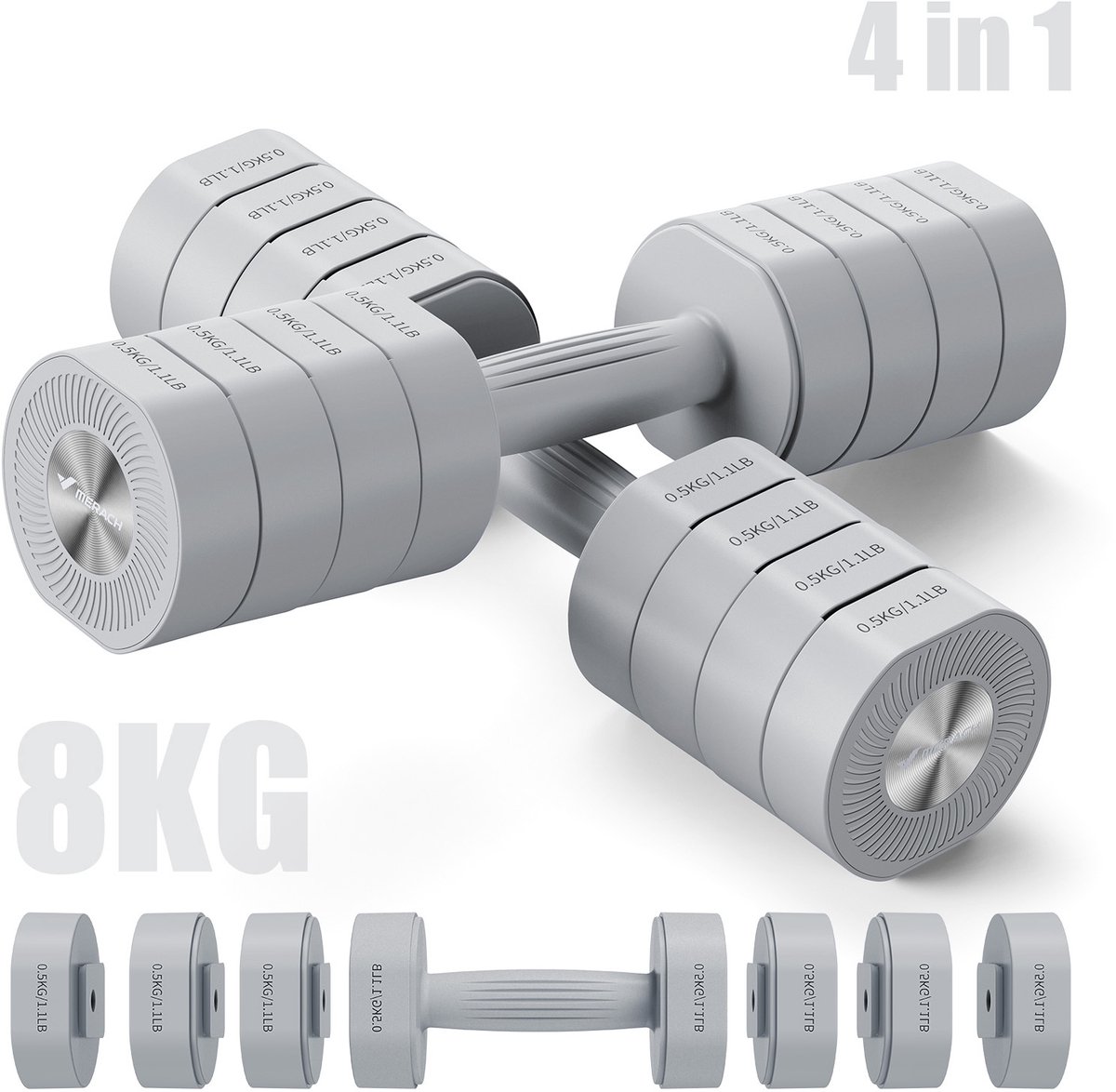 MERACH Dumbbells - 4 in 1 - Verstelbaar - Verstelbare Gewichten - 8KG Set - Robuust & Antislip - Compact Voor Thuis