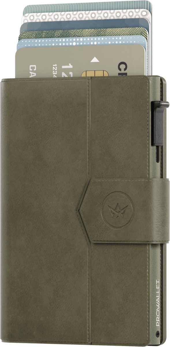 Prowallet Plus - Olijfgroen - Pasjeshouder voor 8 pasjes, briefgeld en muntgeld - Uitschuifbaar - RFID Creditcardhouder - Kaarthouder Portemonnee, Premium Pashouder voor Mannen - Aluminium, Kunstleer - Incl. Luxe Cadeaubox