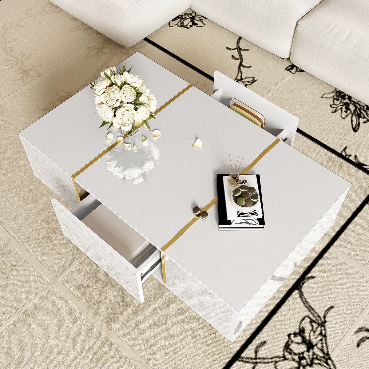 HAUSS SPOLE Salontafel - Hoogglans Met 2 Lades - Modern Voor Woonkamer - MDF Wit Met Goudkleurige Details - 100x60x41,5 Cm