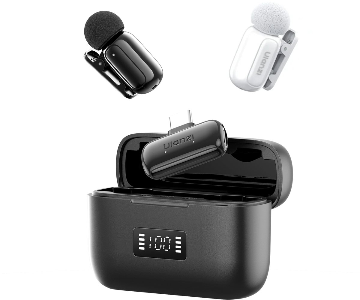 Ulanzi A200 Mini Mic Draadloze Microfoonset - Voor Smartphone & Tablet met USB-C - Met 2 Zenders en Oplaadcase - Extra licht en compact ontwerp - Smartphone microfoon - Zwart/Wit