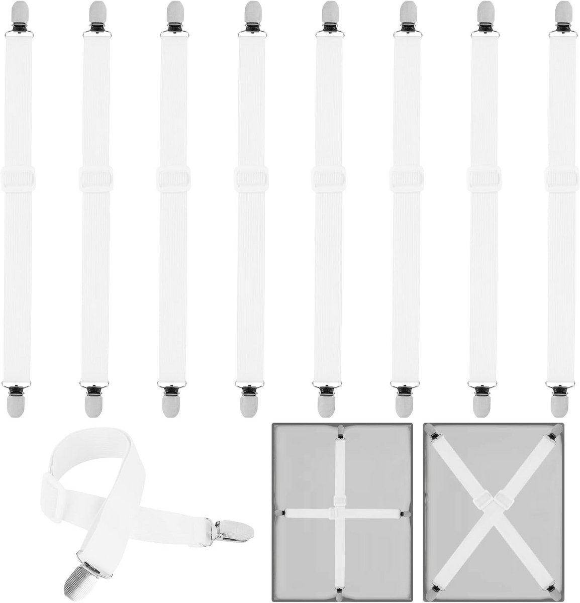 Pack van 8 Bedlaken Strappen, 55cm-250cm, Verstelbare Spanningstrekker voor Bedding, Matras, Sofa, Strijkplank